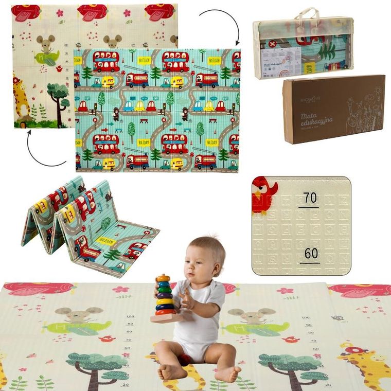 Extralink, dwustronna mata edukacyjna z torbą, stymulująca, samochody i samoloty, 150-200-1 cm