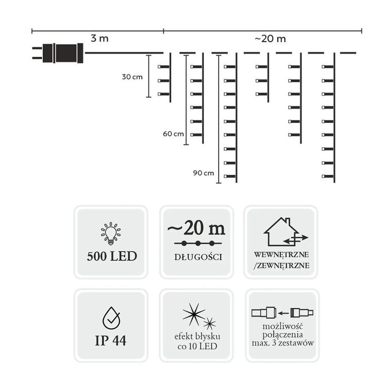 Extralink, kurtyna sople, zimny biały + zimny flash, 500 LED, 23m