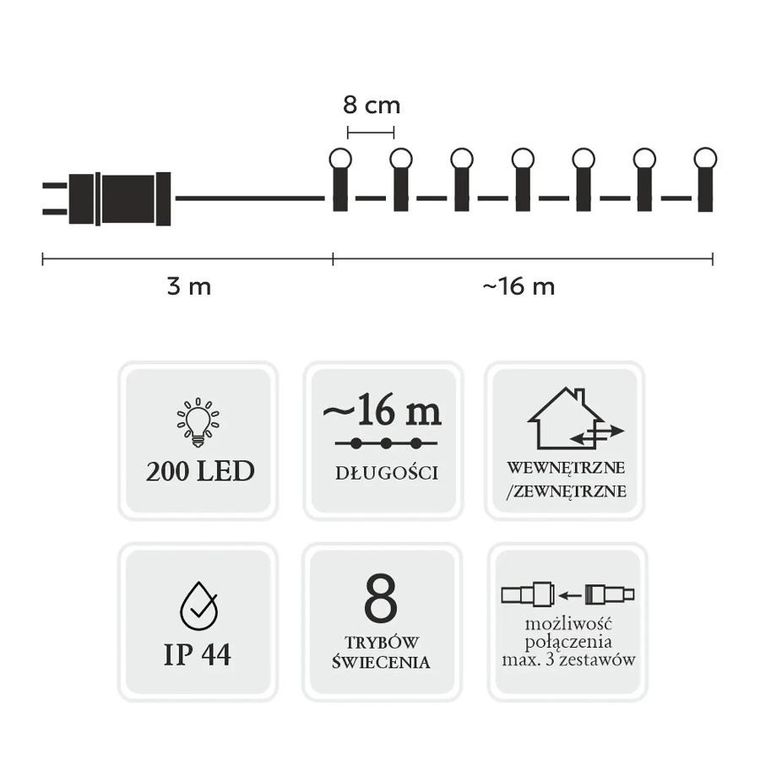 Extralink, lampki LED, kulki 200 LED, zimny biały, 19m