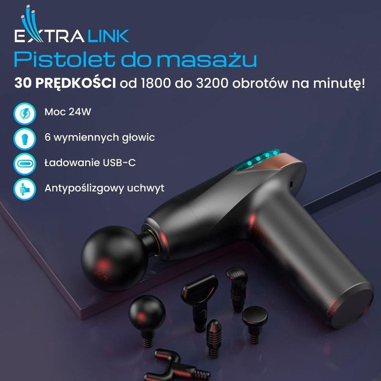 Extralink, Massage Gun Lite, pistolet do masażu, 3200 RPM, 6 końcówek
