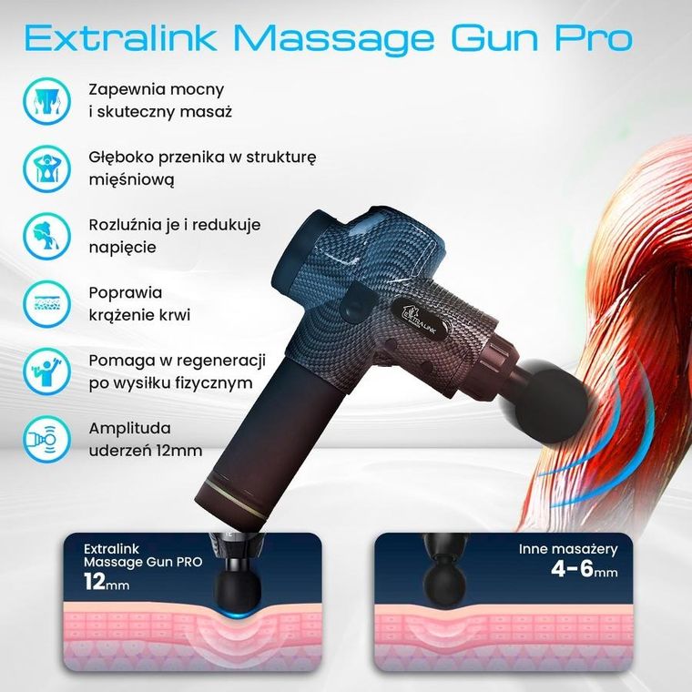 Extralink Massage Gun Pro, pistolet do masażu, 3800 RPM, 6 końcówek