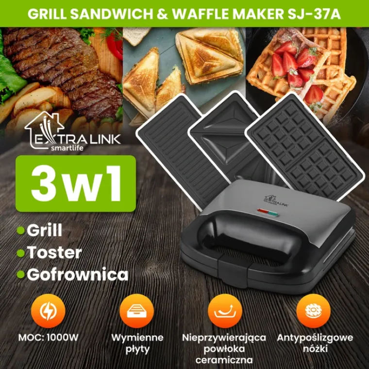 Extralink, Smart Life Grill Sandwich & Waffle Maker, grill, toster & gofrownica, opiekacz z 3 wymiennymi płytami, 1000W, SJ-37A