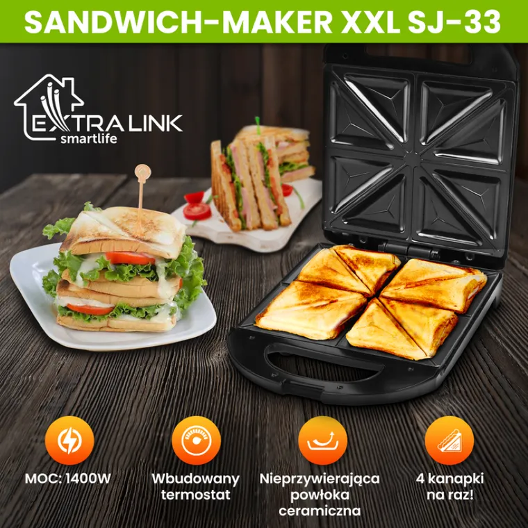 Extralink Smart Life Sandwich-Maker XXL SJ-33, Opiekacz do kanapek XXL, 1400W, Opiekacz na 4 tosty