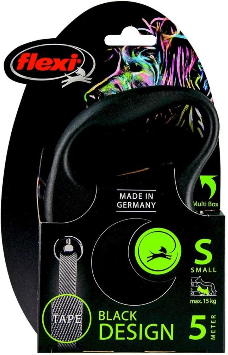 Flexi Black Design, smycz taśmowa, rozmiar S, 5m, czarna