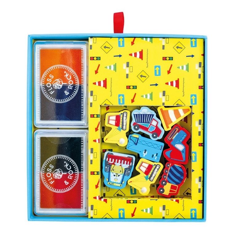 Floss & Rock, Na budowie, zestaw kolorowych pieczątek i książeczka