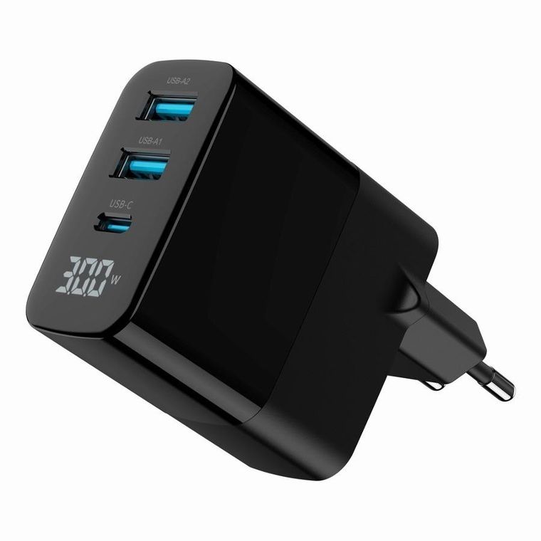 Gembird, szybka ładowarka sieciowa, 3-portowa, USB-A + USB TYP-C, 30W, LCD, czarna