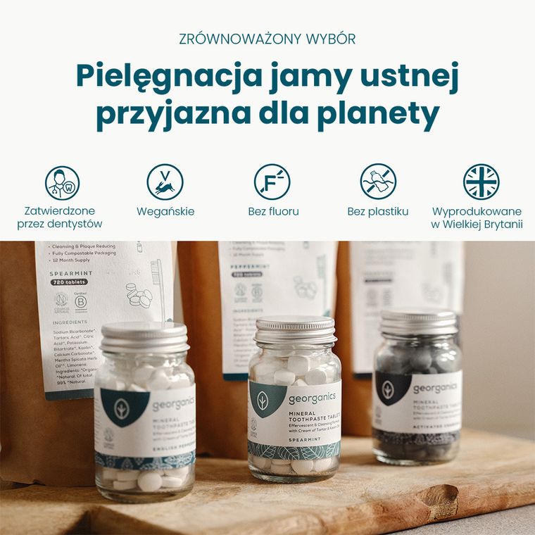 Georganics, naturalne tabletki do mycia zębów, English Peppermint, 120 tabletek