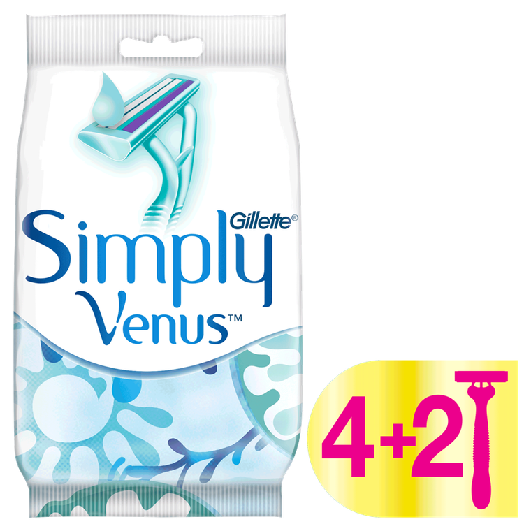 Gillette, Simply Venus 2, maszynki jednorazowe do golenia dla kobiet, 4+2 szt.
