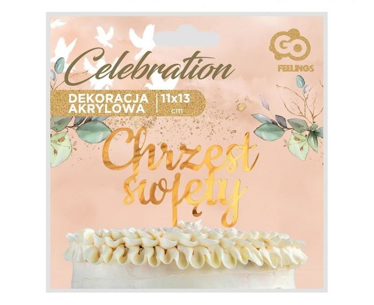 Godan, dekoracja akrylowa na tort Chrzest Święty, złota, 11-13 cm