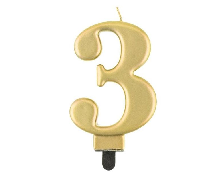Godan, świeczka cyferka 3, Beauty&Charm metalik złota, 8 cm