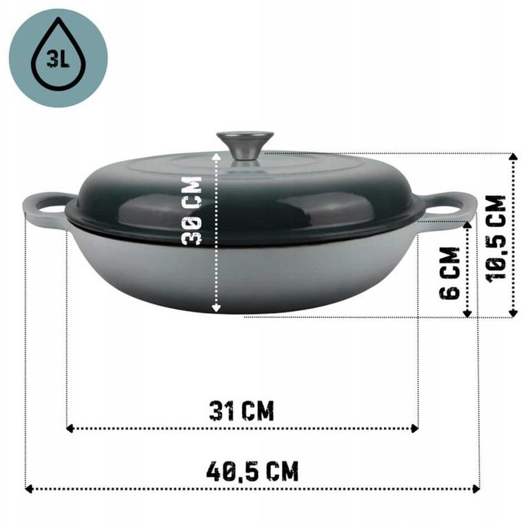 Hage, emaliowany garnek, płaski, żeliwny, sea salt, 30 cm, 3l