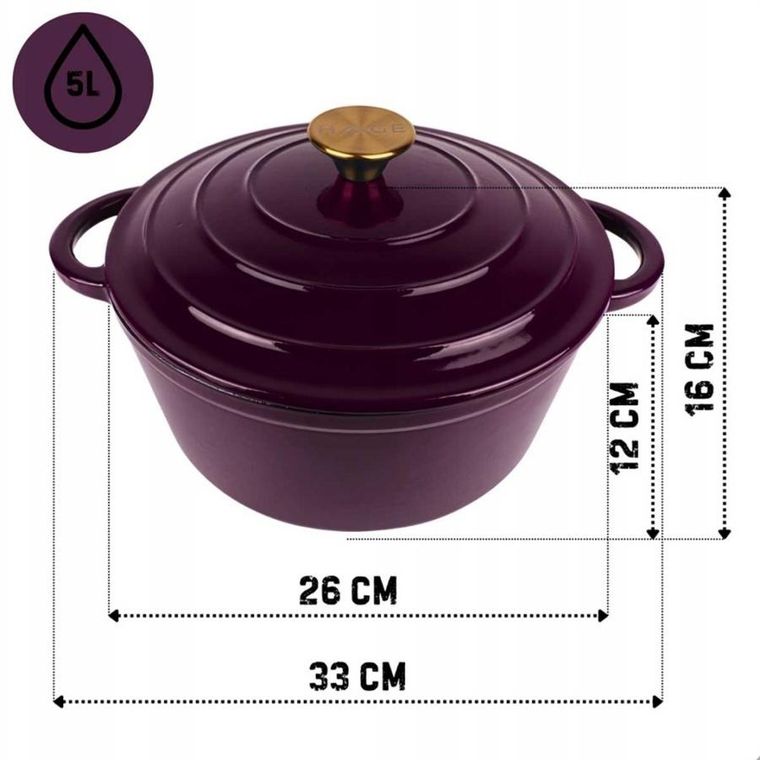 Hage, emaliowany garnek żeliwny, fioletowy, 26 cm, 5l