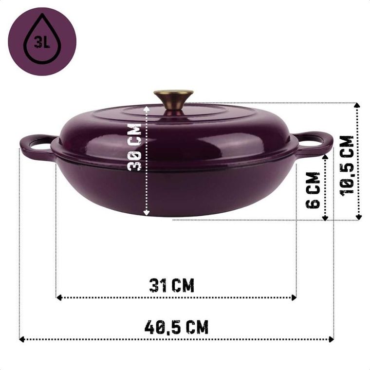 Hage, emaliowany garnek żeliwny, płaski, fioletowy, 30 cm, 3l