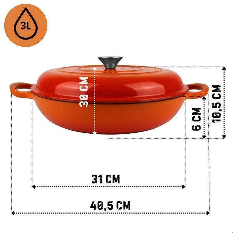 Hage, emaliowany garnek żeliwny, płaski, pomarańczowy, 30 cm, 3l
