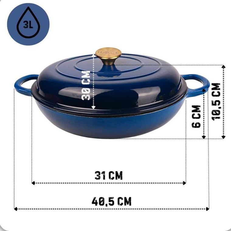 Hage, garnek żeliwny, emaliowany, płaski, niebieski, 30 cm, 3l