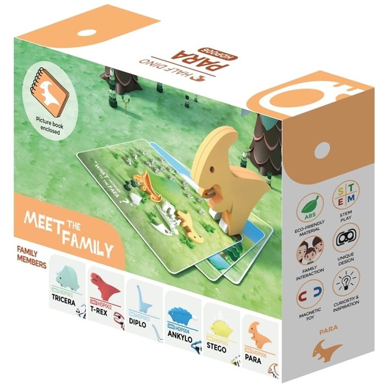 HalfToys, magnetyczna figurka do składania z książeczką, Dinozaur Parazaurolof, 7 elementów