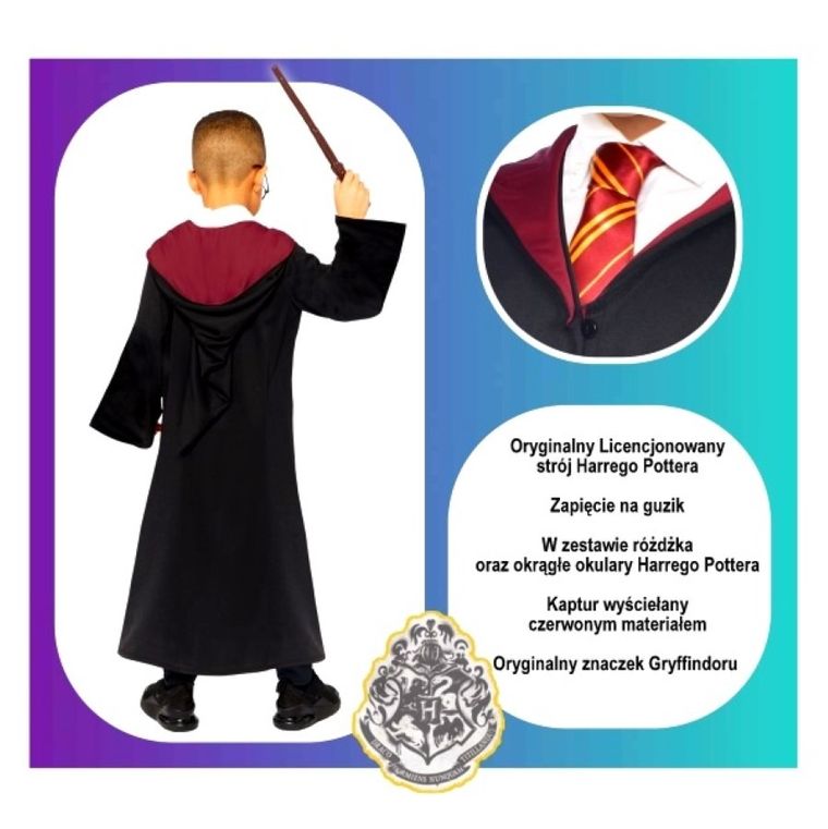 Harry Potter, Gryffindor, strój, różdżka, okulary, rozmiar 110/116