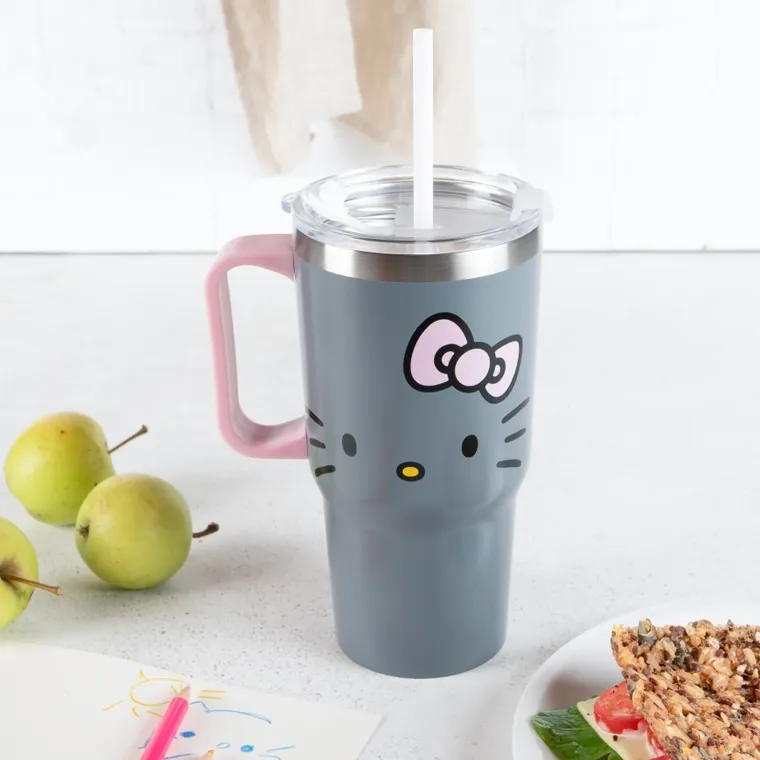 Hello Kitty, kubek do picia ze słomką i uchwytem stal, 600 ml