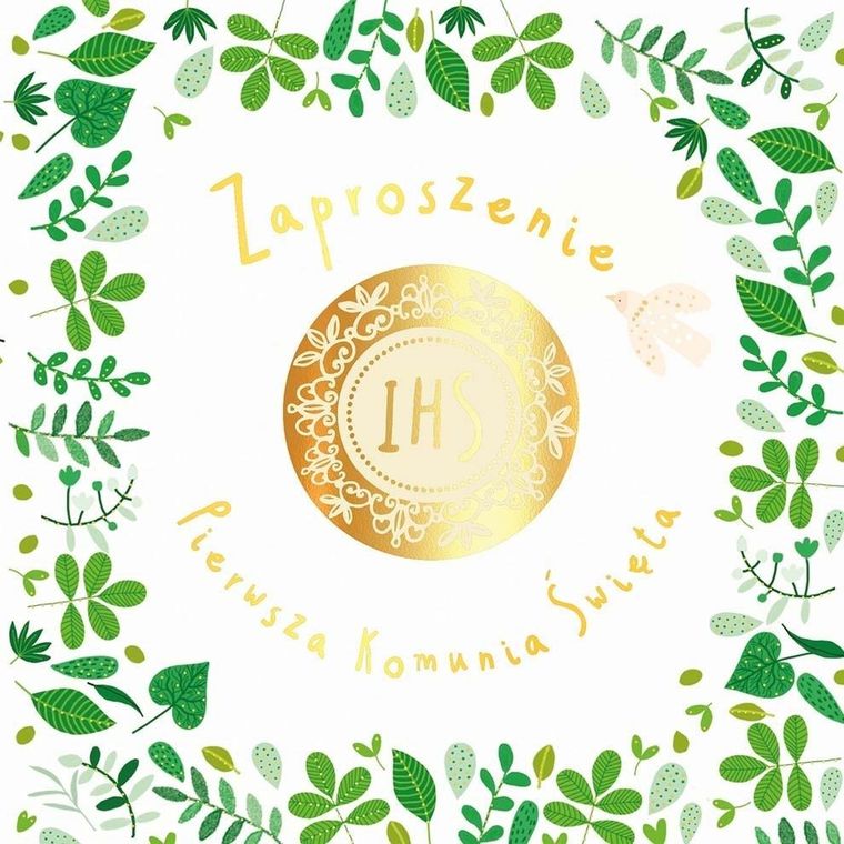 Henry, zaproszenie z kopertą, złocone, 15-15 cm, Komunia, opłatek, 5 szt.