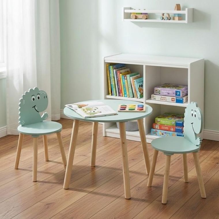 Home Styling Collection, drewniany stolik z 2 krzesełkami dla dzieci, motyw dinozaura, wys. 50 cm