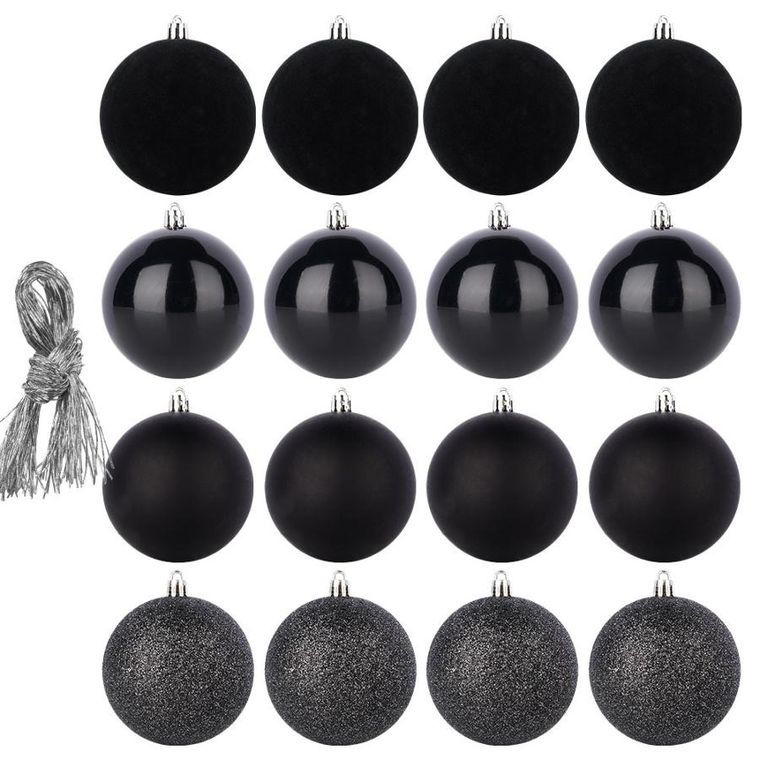 Home Styling Decoration, bombki choinkowe, nietłukące, czarne, 6 cm, 16 szt.