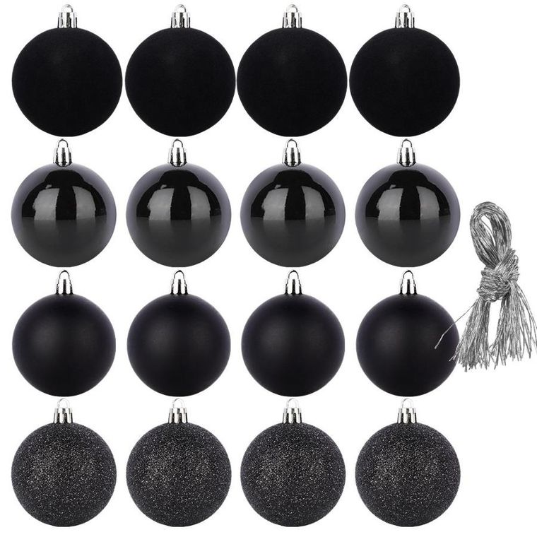 Home Styling Decoration, bombki choinkowe, nietłukące, czarne, 8 cm, 16 szt.