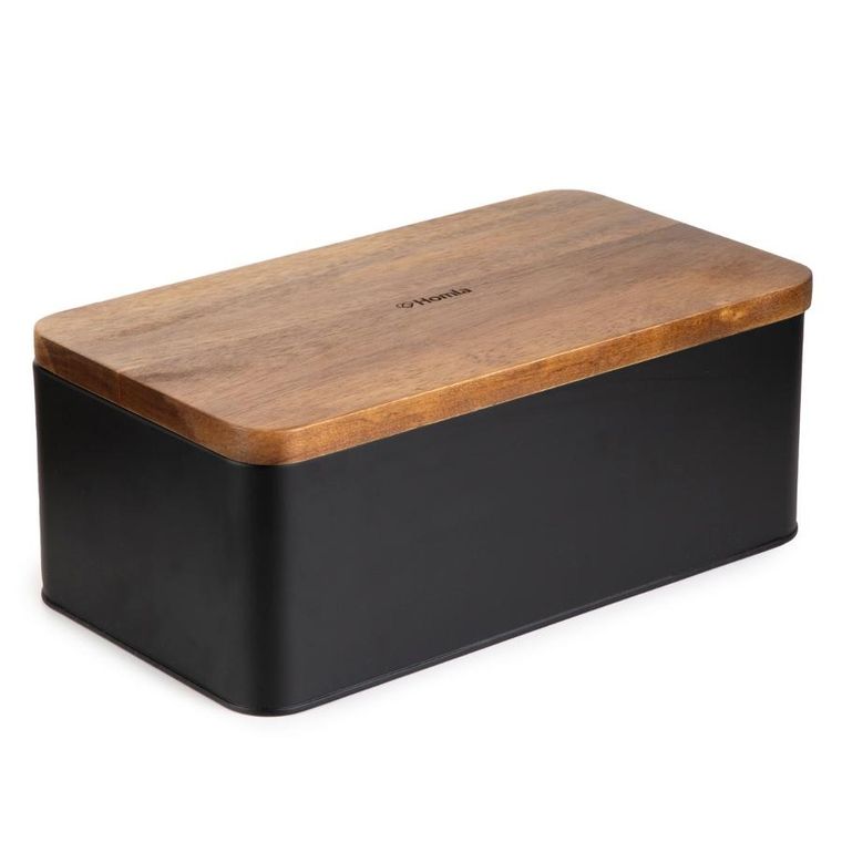 Homla, Lomas, chlebak, czarny z akacjową pokrywką, 33-18-13 cm