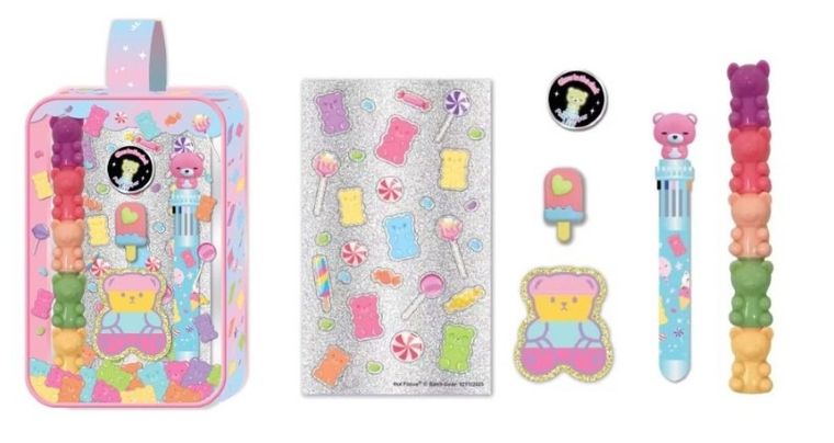 Hot Focus, długopis i zakreślacze w kosmetyczce, miś