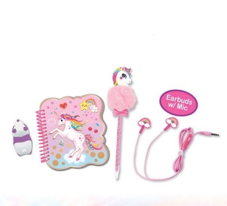 Hot Focus, zestaw: słuchawki, zatyczka, kołozeszyt i długopis, Jednorożec