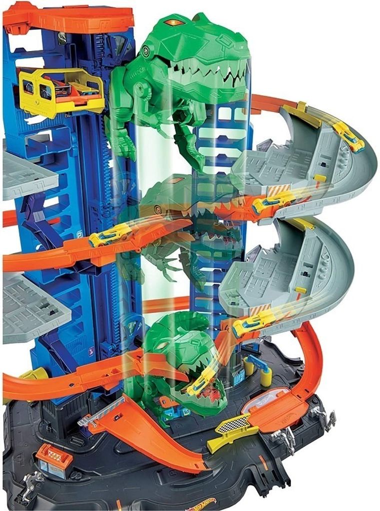 Hot Wheels City, Mega Garaż T-Rexa, zestaw torów i auta