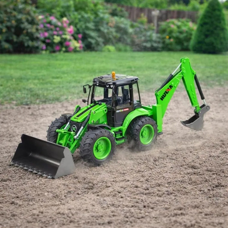 Huina, koparko ładowarka, pojazd budowlany zdalnie sterowany, zielona, 1:14