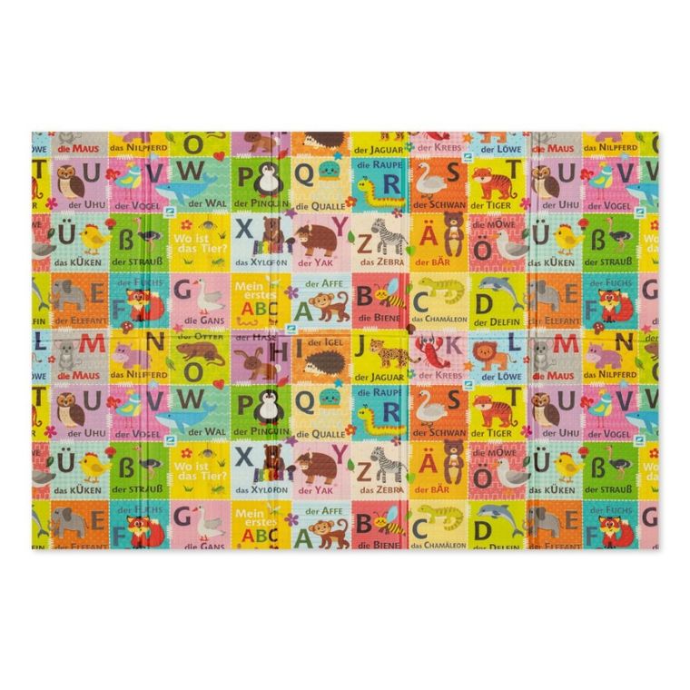 Humbi, mata edukacyjna 2w1 z pianki XPE, alfabet: wersja niemiecka, 120-180 cm