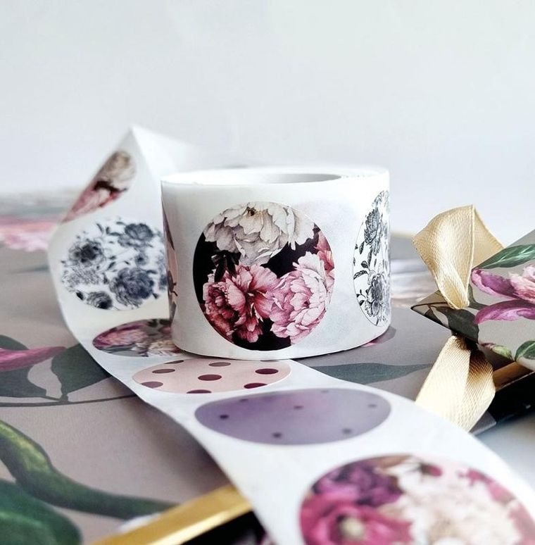 Interdruk, naklejki na taśmie, okrągłe, flowers