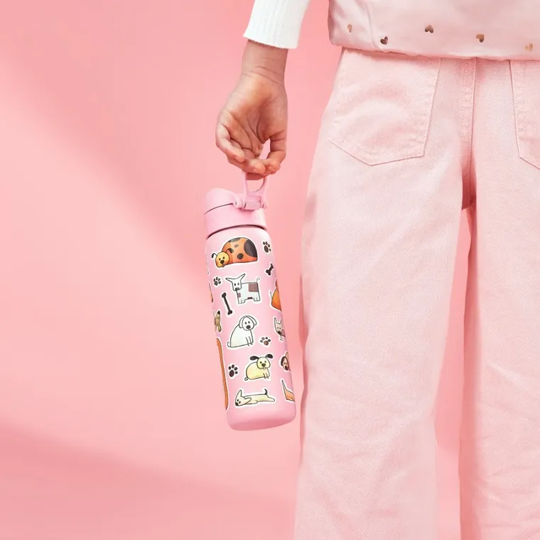 ION8, Pieski, bidon stalowy z ustnikiem, różowy, 600 ml