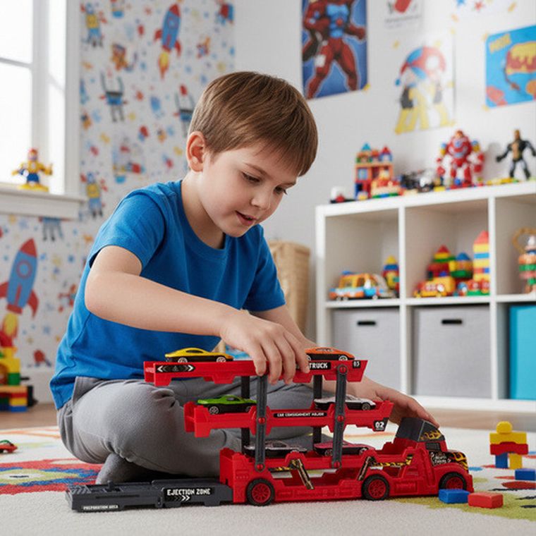 Iso Trade, ciężarówka transporter autek, zestaw z pojazdami, 6 szt.