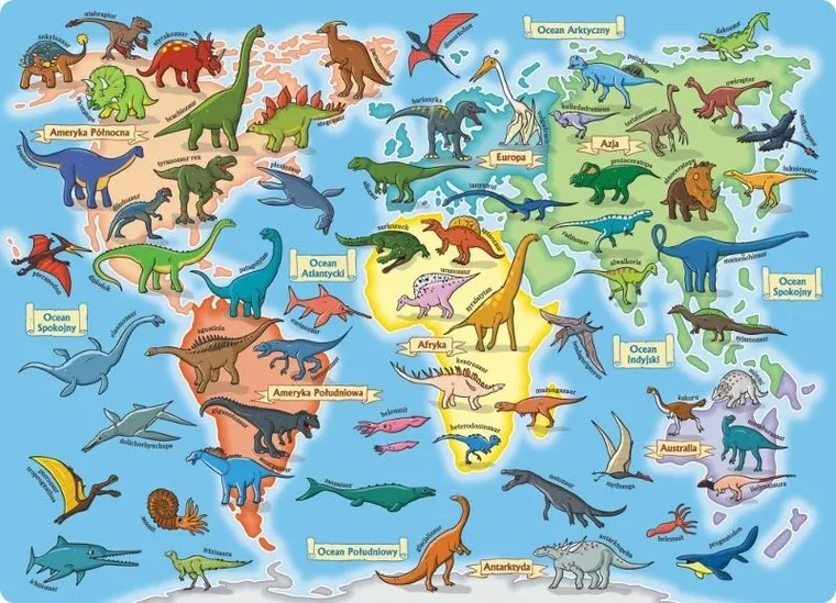 Jako, Mapa Świata, Dinozaury, puzzle, 70 elementów