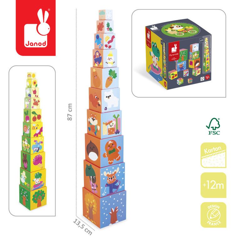 Janod, 4 Pory Roku, Piramida z drewnianymi figurkami, 10 elementów