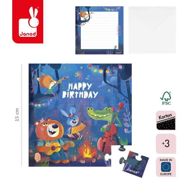 Janod, Birthday, puzzle z kartką urodzinową, 2w1, 25 szt.