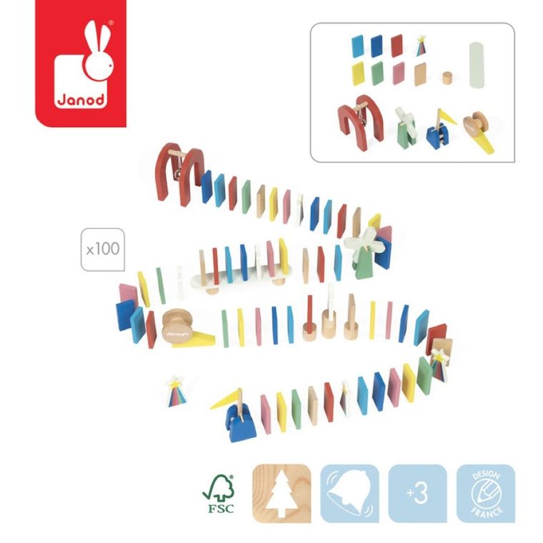 Janod, domino drewniane, tor przeszkód, gra zręcznościowa, 100 elementów