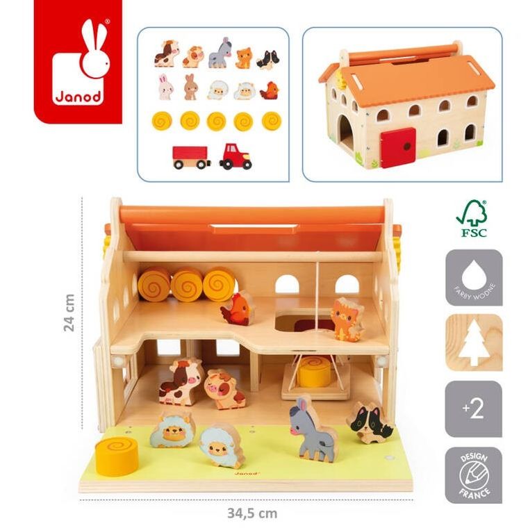 Janod, drewniana farma z otwieranym dachem i figurkami