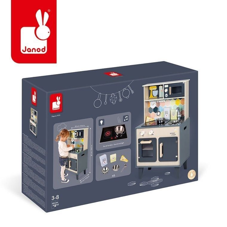 Janod, drewniana kuchnia z dźwiękiem, światłem LED i 6 akcesoriami