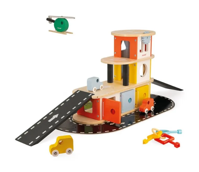 Janod, drewniany garaż piętrowy, zestaw z akcesoriami
