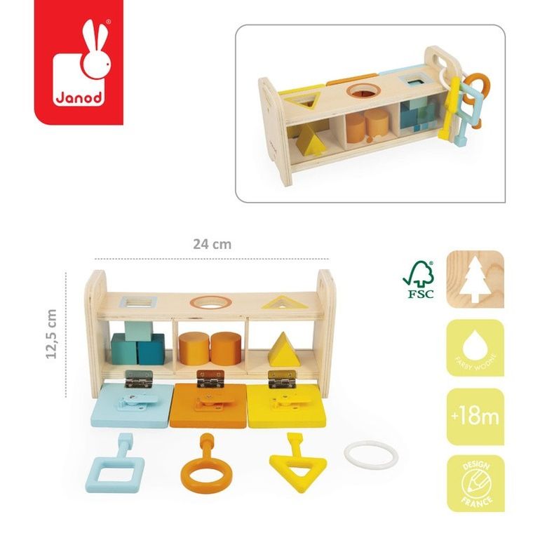 Janod, Essentiel, drewniany, sorter z kluczykami