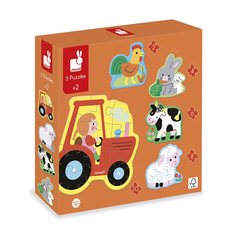 Janod, Farma, drewniane puzzle, 5 układanek