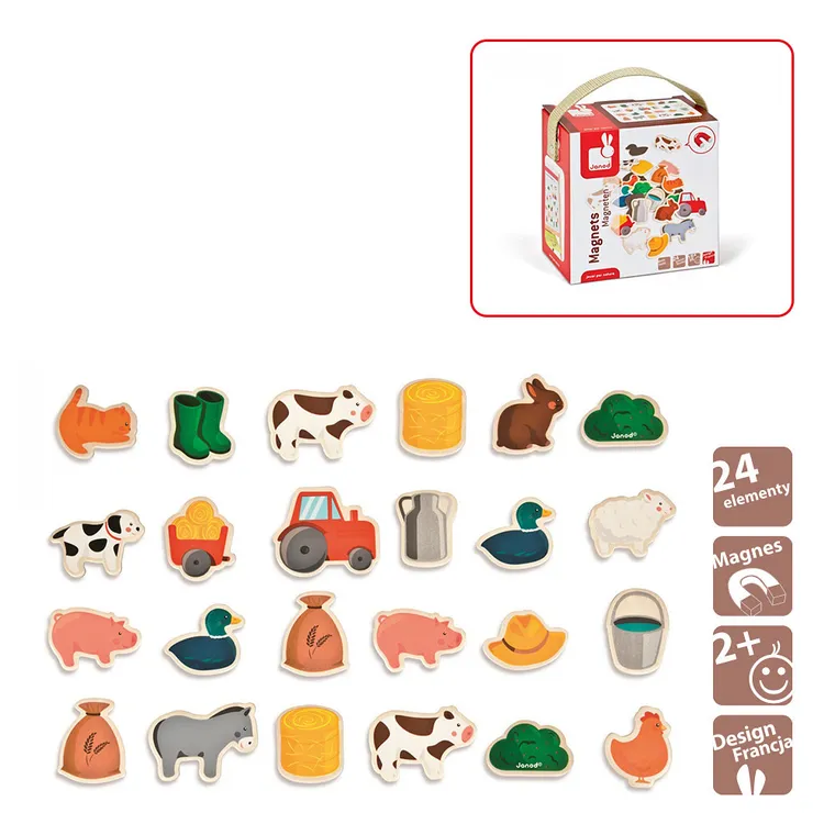 Janod, Farma, magnesy drewniane, 24 szt.