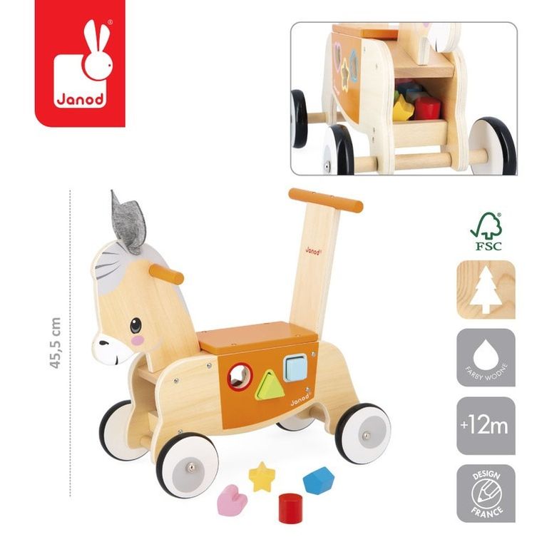 Janod, Farma, Osiołek, jeździk i pchacz 2w1 z sorterem kształtów