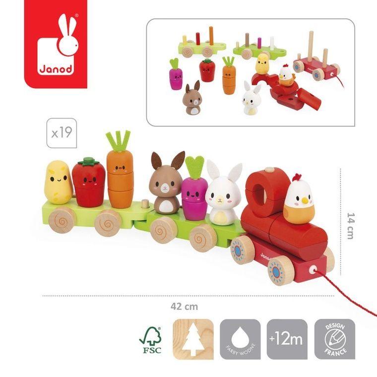 Janod, Farma, pociąg z klockami i figurkami do ciągnięcia