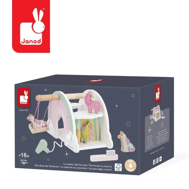 Janod, Jednorożce, drewaniany domek jednorożców z 5 akcesoriami