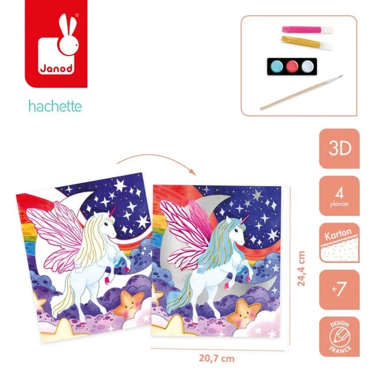 Janod, Jednorożce, malowanie farbami perłowymi i 3D, zestaw kreatywny