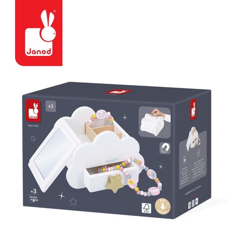 Janod, Jednorożce, szkatułka na biżuterię z lusterkiem, naszyjnikiem i bransoletką